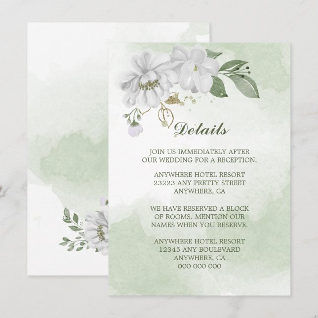 Cartão De Informações detalhes do verde-flores brancas (Frente/Verso)