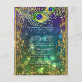 Cartão De Informações Detalhes Dourados do Casamento entre Penas Peacock