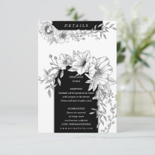 Cartão De Informações detalhes florais elegantes em preto e branco