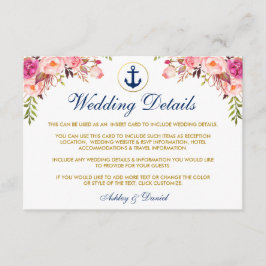 Cartão De Informações Detalhes Florais Náuticos De Casamento Azul Inseri