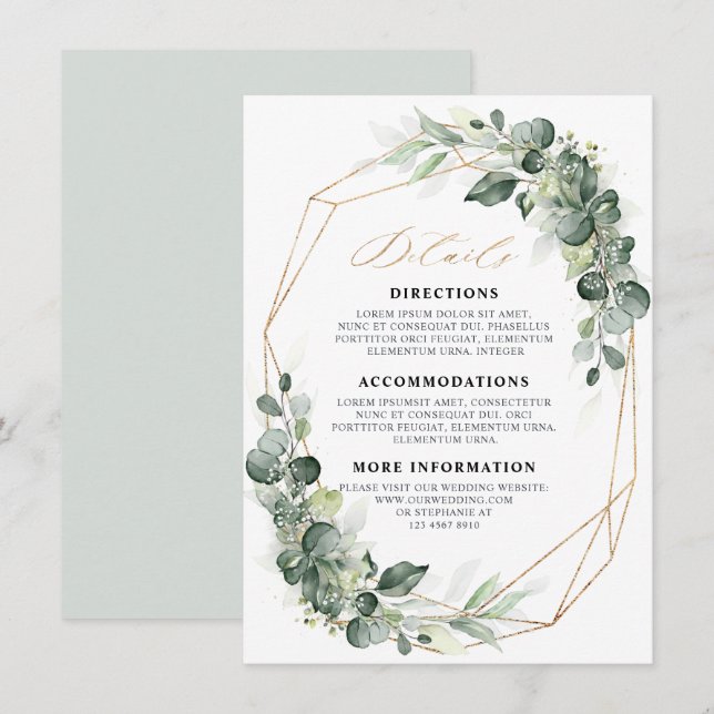 Cartão De Informações Detalhes Geométricos do Casamento Eucalyptus Green (Frente/Verso)