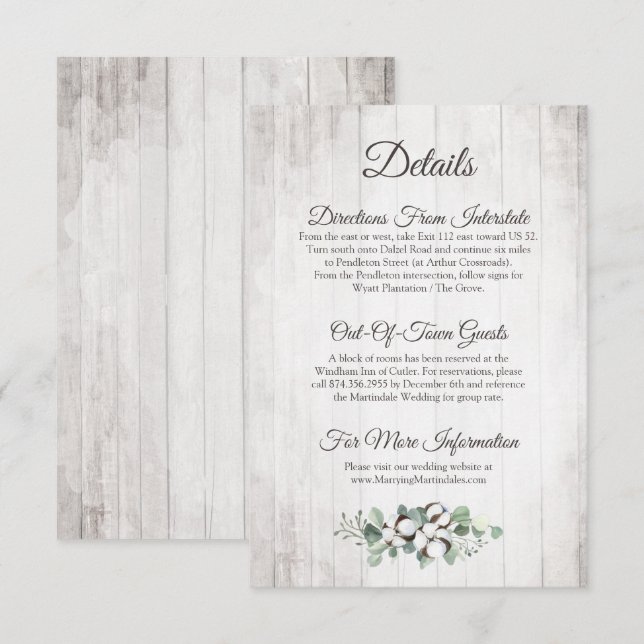 Cartão De Informações Detalhes / Instruções de Casamento de Algodão Rúst (Frente/Verso)