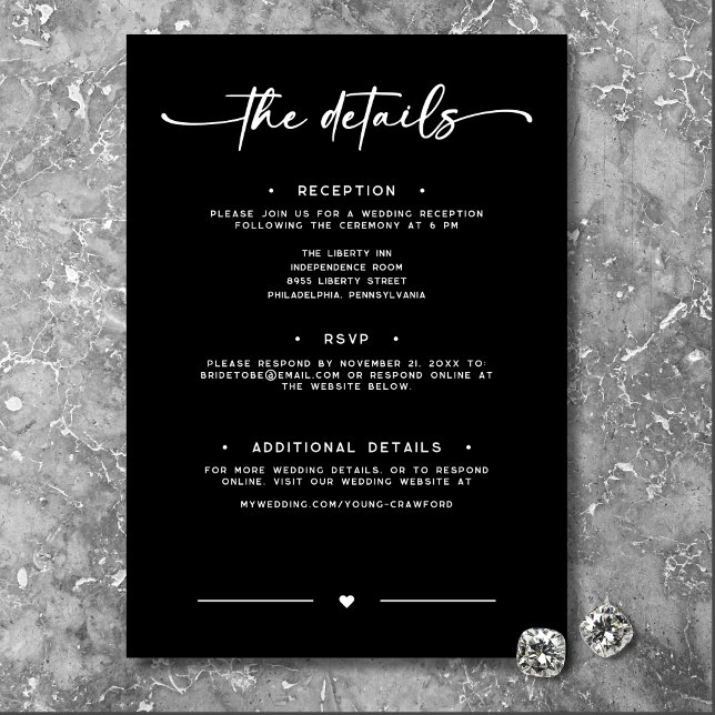 Cartão De Informações Detalhes Mínimos de Casamento do Script Branco Pre (Modern Black White Script Photo Wedding Details Enclosure Card)