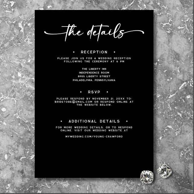 Cartão De Informações Detalhes Mínimos de Casamento do Script Branco Pre (Modern Black White Script Photo Wedding Details Enclosure Card)