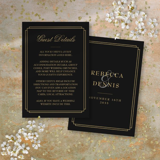 Cartão De Informações Detalhes para Convidados de Casamento Preto e Dour (Black And Gold Deco Wedding Guest Details Enclosure Card)