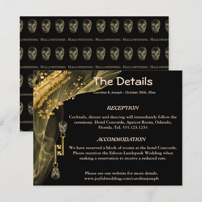 Cartão De Informações Detalhes para Hallowedding com crânios pretos e Do (Frente/Verso)