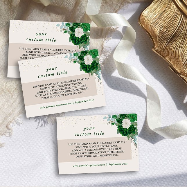 Cartão De Informações Detalhes personalizados do Emerald Green e do Ivor (Custom enclosure cards from the Royal Rose Emerald Green Quinceanera Collection by Darling & May)