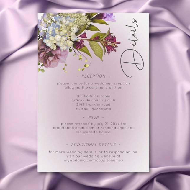 Cartão De Informações Detalhes Românticos Brancos e Florais Roxos Modern (Romantic White & Purple Floral Modern Details Enclosure Card)