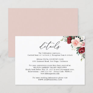 Cartão De Informações Detalhes Simples de Casamento Floral Rosa Borgonha