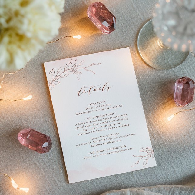 Cartão De Informações detalhes simples do casamento botânico elegante ro (Rose gold simple elegant botanical wedding details enclosure card)