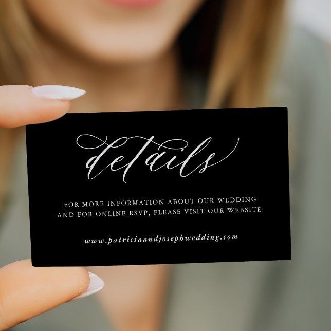 Cartão De Informações Detalhes simples do casamento negro da caligrafia  (Criador carregado)