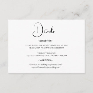 Cartão De Informações Detalhes Simples do Casamento Negro e Branco Elega