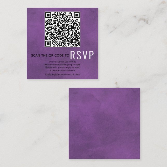 Cartão De Informações Digitalizar código QR online RSVP casamento roxo m (Frente/Verso)