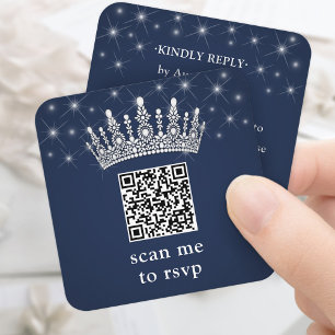 Cartão De Informações Digitalize o RSVP com QR Code Quinceañera Coroa Az