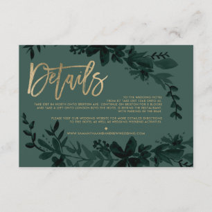 Cartão De Informações Direção de casamento profundo verde com flores em