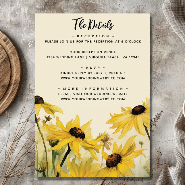 Cartão De Informações Disias Amarelas de Aquarela | Pormenores sobre o c (Front - Watercolor Yellow Daisies  Daisy Wedding Details Enclosure Card)