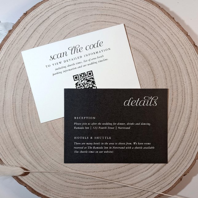 Cartão de Informações do Casamento Detalhes Minima (Wedding information card - modern, minimalist, simple and elegant black with white text and qr code)