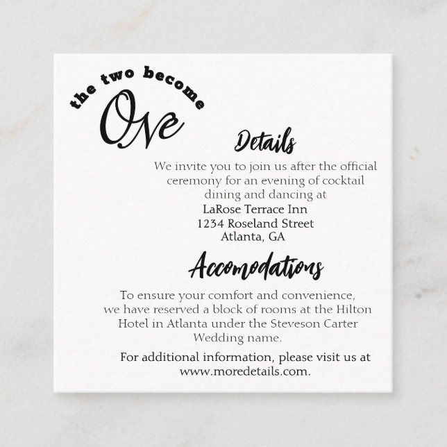 Cartão De Informações Dois se Tornam Um Branco  (Frente)