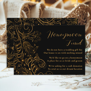 Cartão De Informações Dourado Black Elegant Floral Weding Honeymoon Fund
