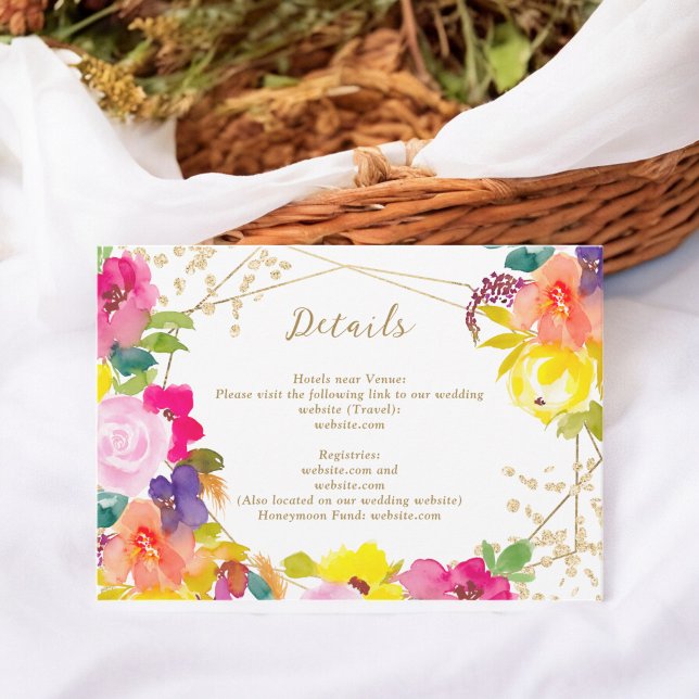 Cartão De Informações Dourado brilho boho bold chic floral (Gold glitter boho bold floral wedding chic details enclosure card)