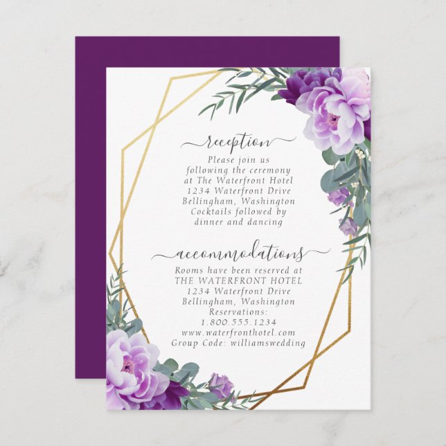 Cartão De Informações Dourado e Roxo Detalhes de Casamento Floral Elegan (Frente/Verso)