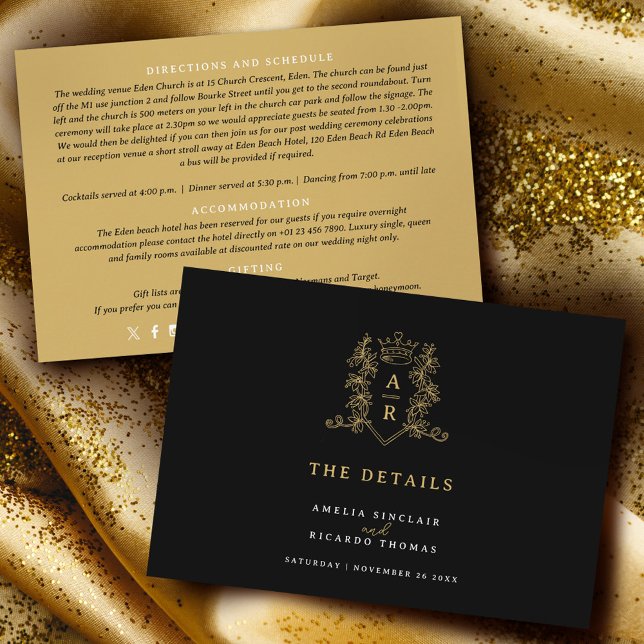 Cartão De Informações Dourado monograma detalhes de casamento preto (Criador carregado)