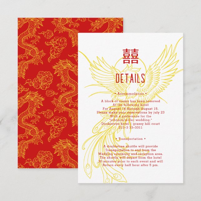 Cartão De Informações Dragão e Fênix | Informações para Convidados com F (Frente/Verso)