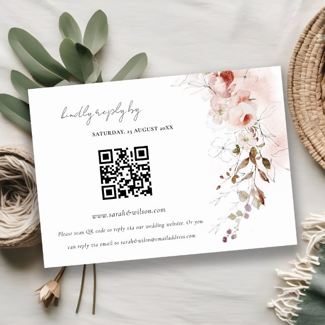 Cartão De Informações Dusky Fall Marsala Floral Casamento QR Código RSVP (Criador carregado)