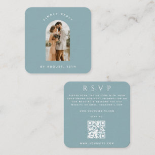 Cartão De Informações Dusty Blue Arch Photo Código QR Casamento RSVP Onl