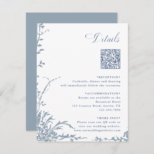 Cartão De Informações Dusty Blue Botanical Wedding QR Code Details (Frente/Verso)