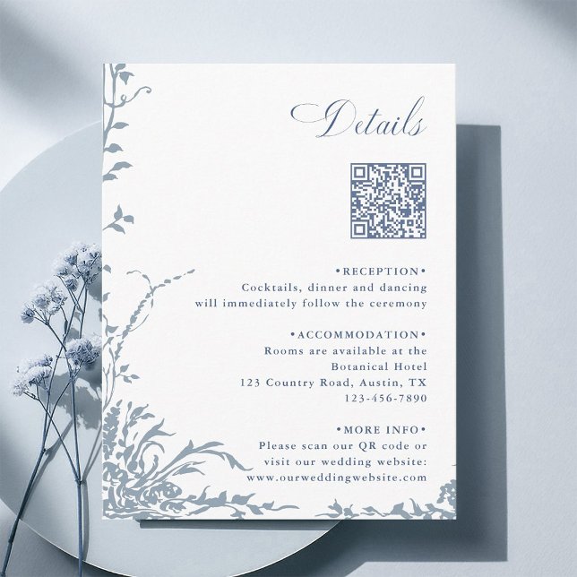 Cartão De Informações Dusty Blue Botanical Wedding QR Code Details (Criador carregado)