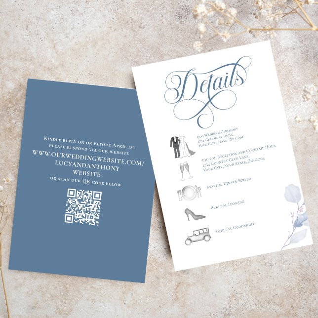 Cartão De Informações Dusty Blue Calligraphy QR Code Wedding Details (Dusty blue calligraphy wedding details card with timeline icons and elegant layout)