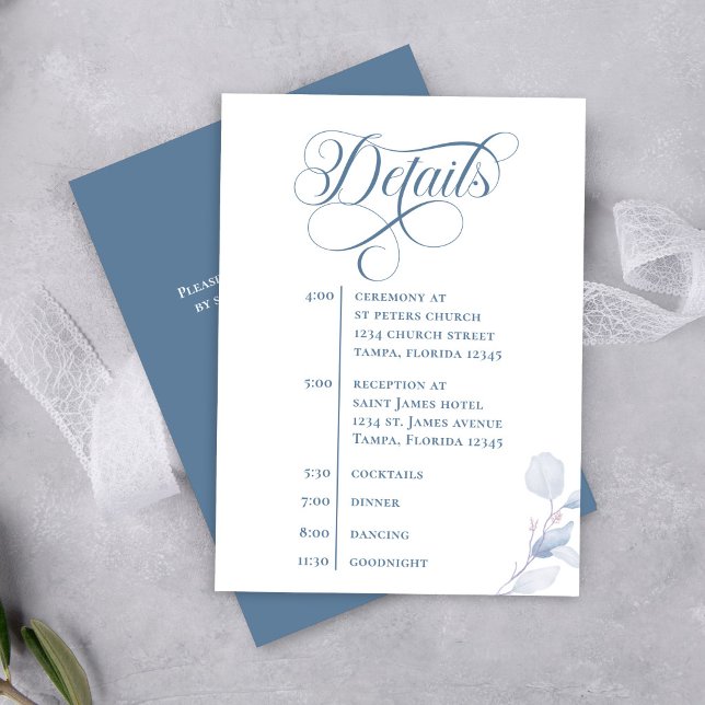 Cartão De Informações Dusty Blue Calligraphy QR Code Wedding Insert (Elegant dusty blue wedding details card with QR code and calligraphy timeline design)