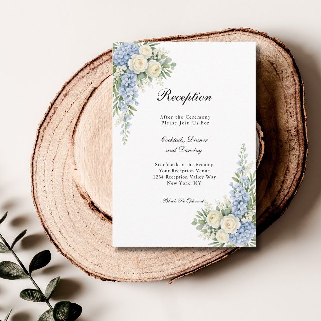 Cartão De Informações Dusty Blue Cream Floral Wedding Reception  (Dusty Blue, cream watercolor florals wedding reception enclosure card)