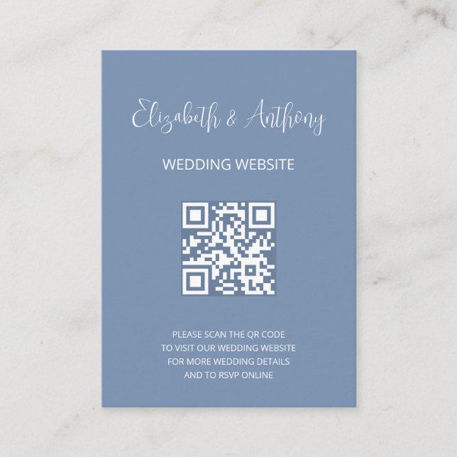 Cartão De Informações Dusty Blue Elegant Script | QR Code Wedding RSVP (Frente)