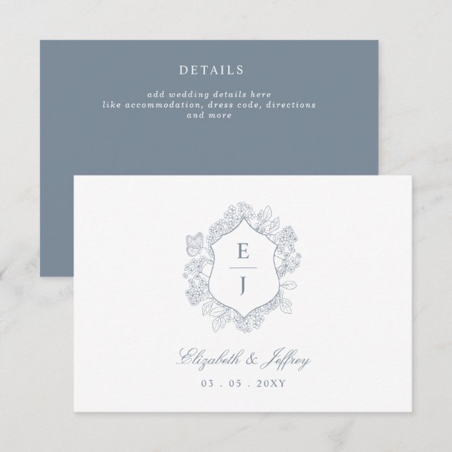 Cartão De Informações Dusty Blue Floral Crest Monograma Casamento (Frente/Verso)