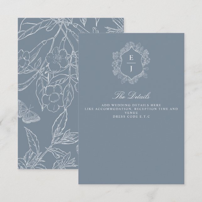 Cartão De Informações Dusty Blue Floral Crest Monograma Casamento (Frente/Verso)