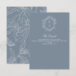 Cartão De Informações Dusty Blue Floral Crest Monograma Casamento