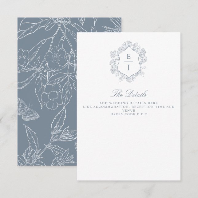 Cartão De Informações Dusty Blue Floral Crest Monograma Casamento (Frente/Verso)
