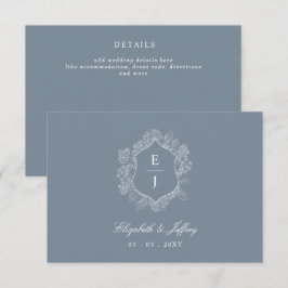 Cartão De Informações Dusty Blue Floral Crest Monograma Casamento
