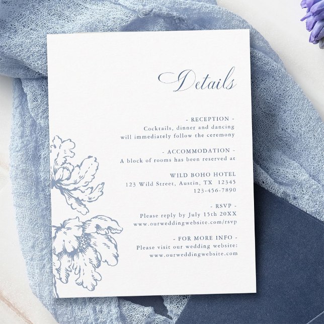 Cartão De Informações Dusty Blue French Floral Wedding Details  (Criador carregado)