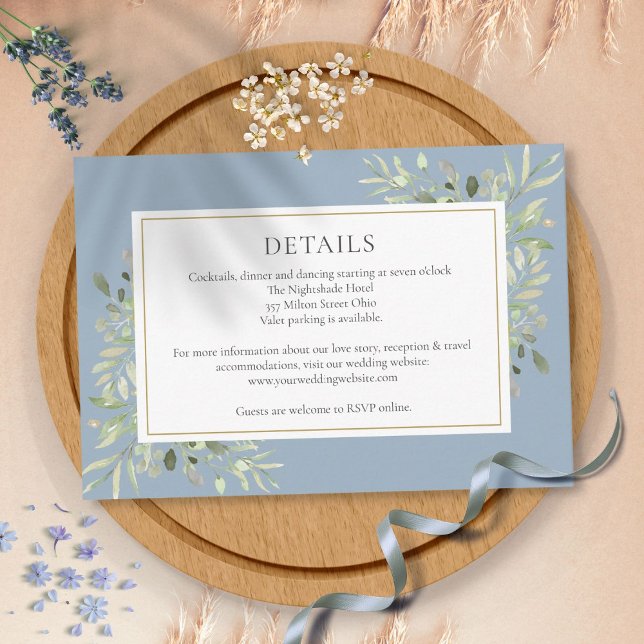 Cartão De Informações Dusty Blue Greenery Detalhes do Casamento Floral (Criador carregado)