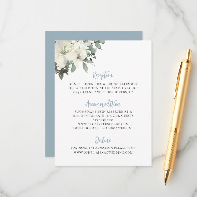 Cartão De Informações Dusty Blue Ivory Floral Wedding Enclosure Card (Frente/Verso In Situ)