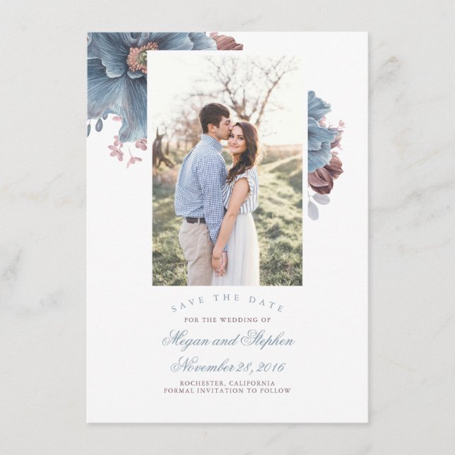 Cartão De Informações Dusty Blue & Mauve Floral Photo Save the Date Card (Frente)