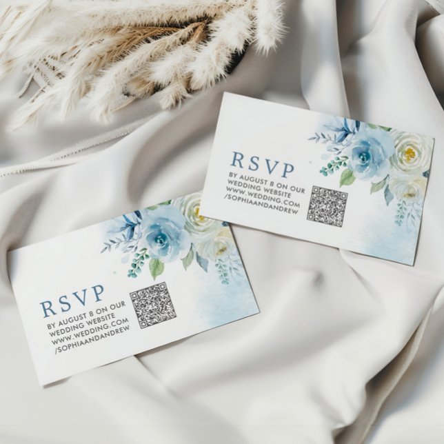 Cartão De Informações Dusty Blue Rosa Floral Casamento QR Código RSVP (Criador carregado)