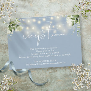 Cartão De Informações Dusty Blue String Lights Floral Recepção de casame