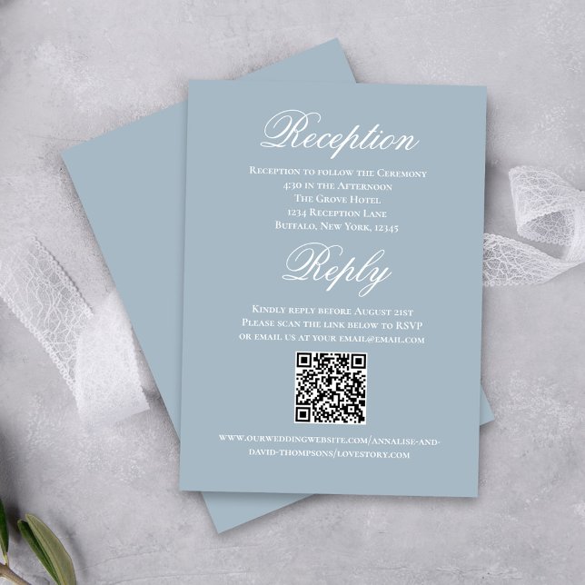 Cartão De Informações Dusty Blue Wedding Script RSVP Reception  (Elegant dusty blue reception and RSVP card.)