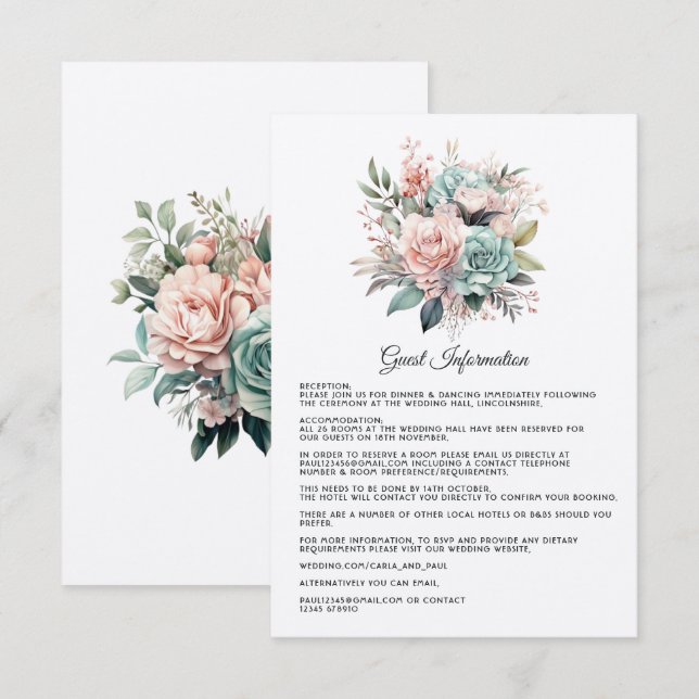 Cartão De Informações Dusty Rosa, Mint Green e Blush Guest Details (Frente/Verso)