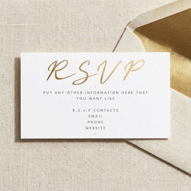 Cartão De Informações Efeito de texto em dourado, branco RSVP (Gold effect script, RSVP white Enclosure Card.)