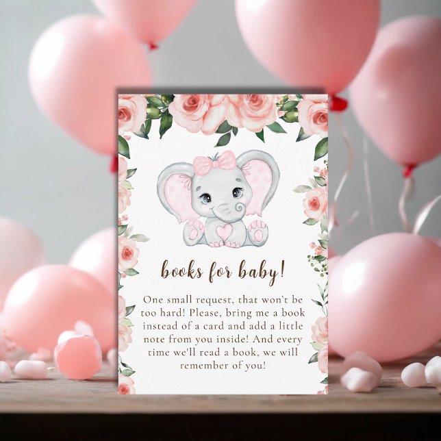 Cartão De Informações Elefante Cutie Blush Livros Florais Rosa para Bebê (Cutie Elephant Blush Pink Floral Books for Baby Enclosure Card)